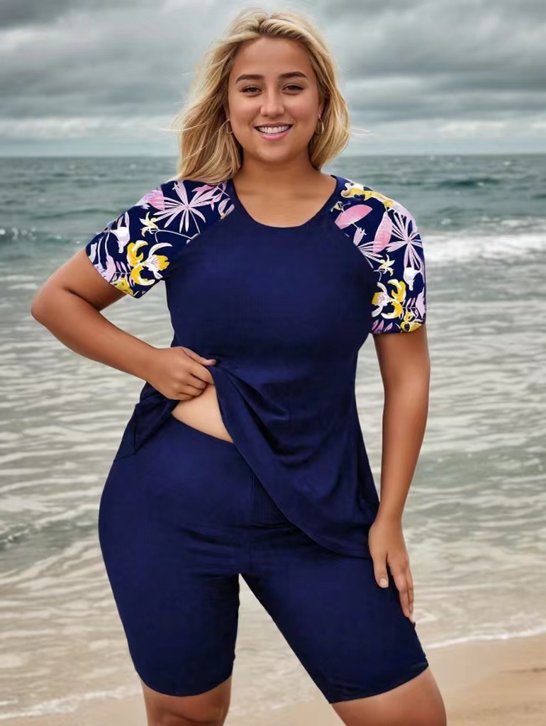 Plus Size Floral Print Two-Piece Set High Waist Surf Swimwear Sports Beachwear